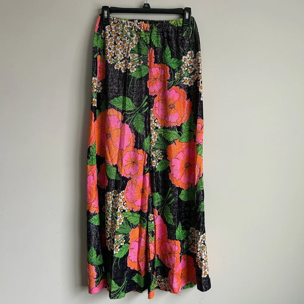 Vintage 70s Elaine Sklar Lingerie Co Metallic Floral Print 2 Piece Lounge Set M - Picture 10 of 11